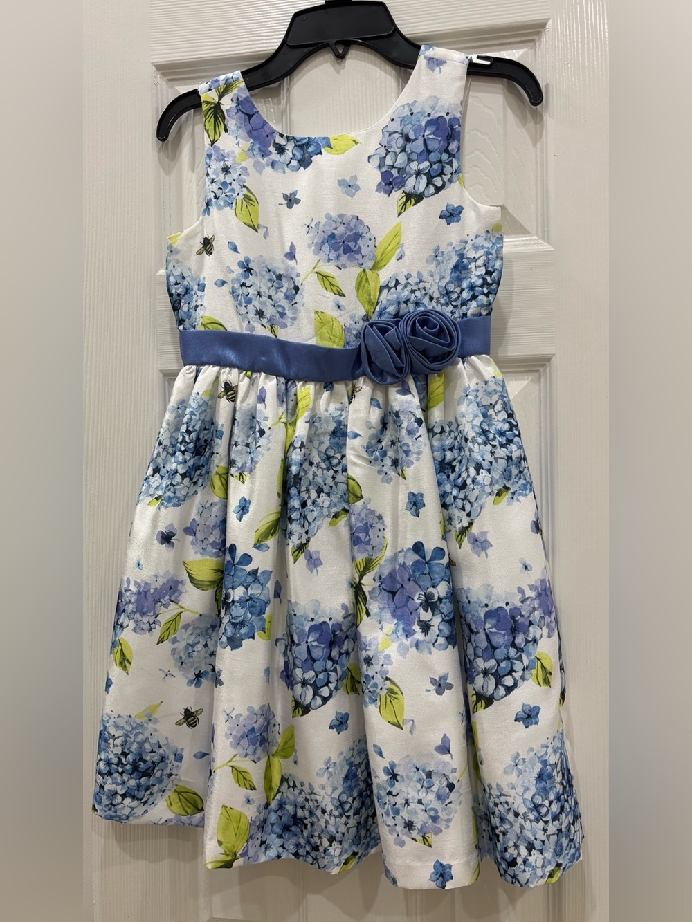 Gymboree White Dress with Blue Floral Print and Blue Sash Rose